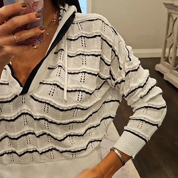 Central Park West White and Black Stripe Knit Hoodie Sweatshirt - Picture 2 of 5